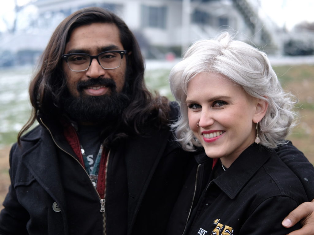 Kelsey R. with platinum blonde hair with her husband
