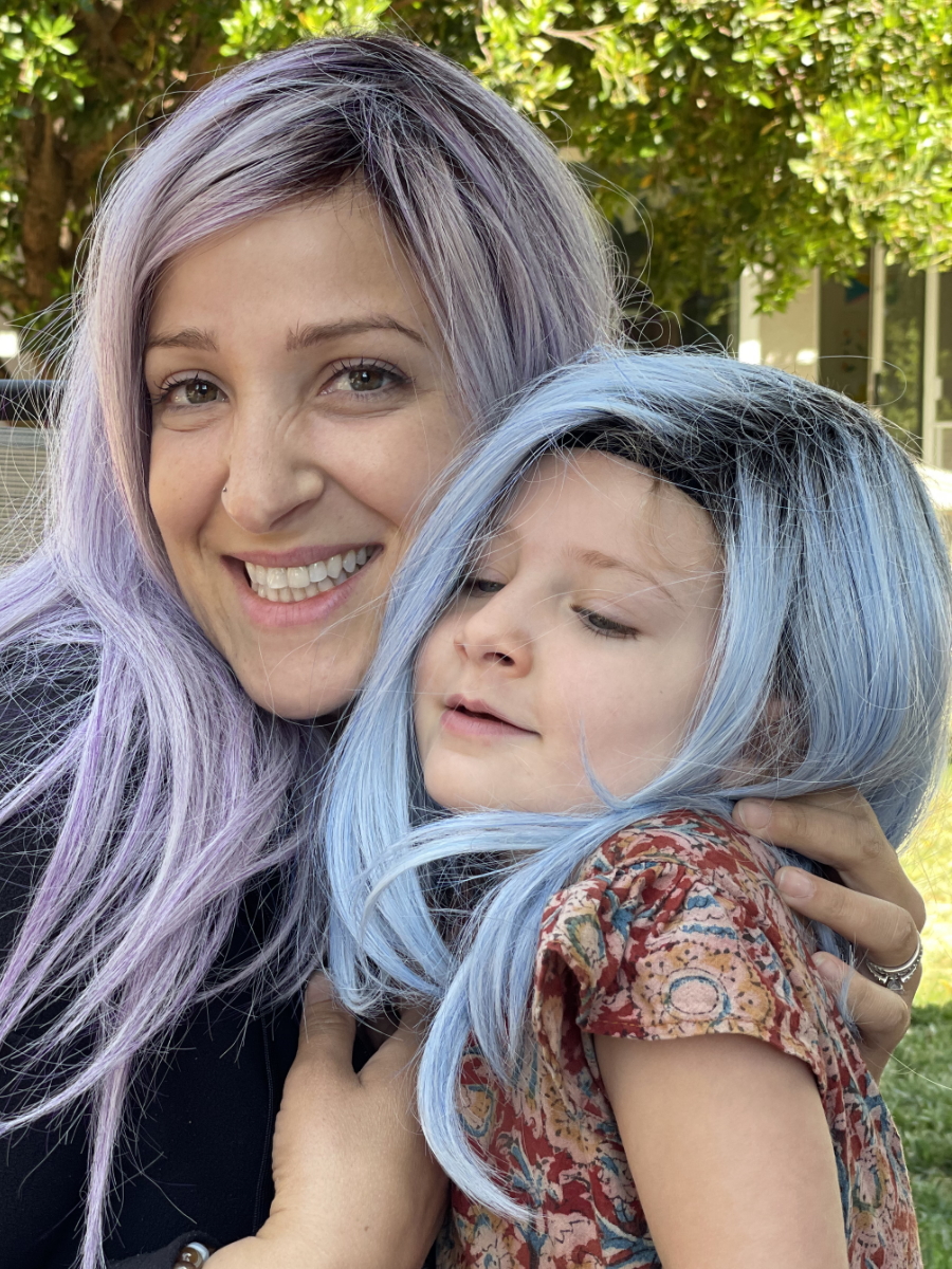 Samantha S. and daughter wearing wigs