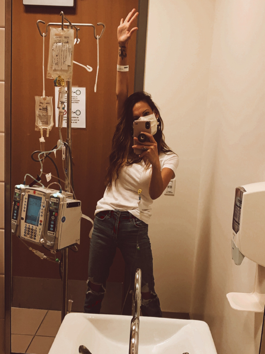 Amy H. in the hospital for treatment of 3B Rectal Cancer.