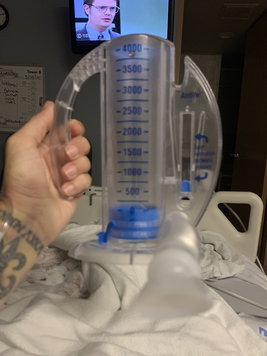 Amy H. in the hospital for treatment of 3B Rectal Cancer.